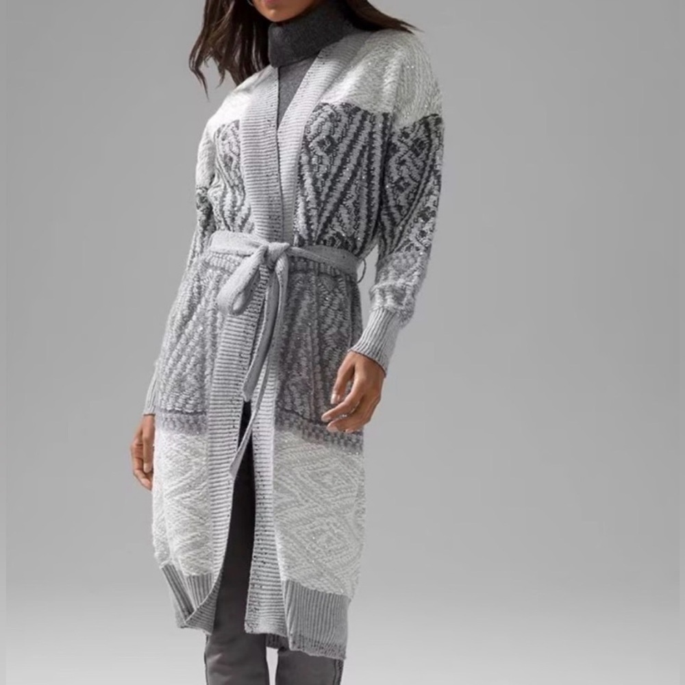WHBM Gray White Sequin Cover Up  Cardigan Sweater Coat Fair Isle Nordic Size M